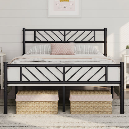 Costoffs Metal Platform Bed Frame, Single/Double/King Sizes, Mattress Foundation with Arrow Design Headboard & Footboard, Built-in Steel Slats, 32cm Underbed Storage, No Box Spring Needed, Black/White