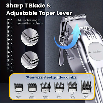 SEJOY Cordless Hair Clippers for Men Professional T-Blade Trimmer Kit – LED Display 4500-7000RPM – Barber Grooming Set Silver Blue Gold
