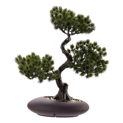 1pc Artificial Pine Bonsai Ornament, Simulation Welcome Pine Fake Plant in Matte Dark Brown Pot, Retro Curved Trunk Faux Greenery, Tabletop Desktop Decor for Shop Front Desk & Home Decor