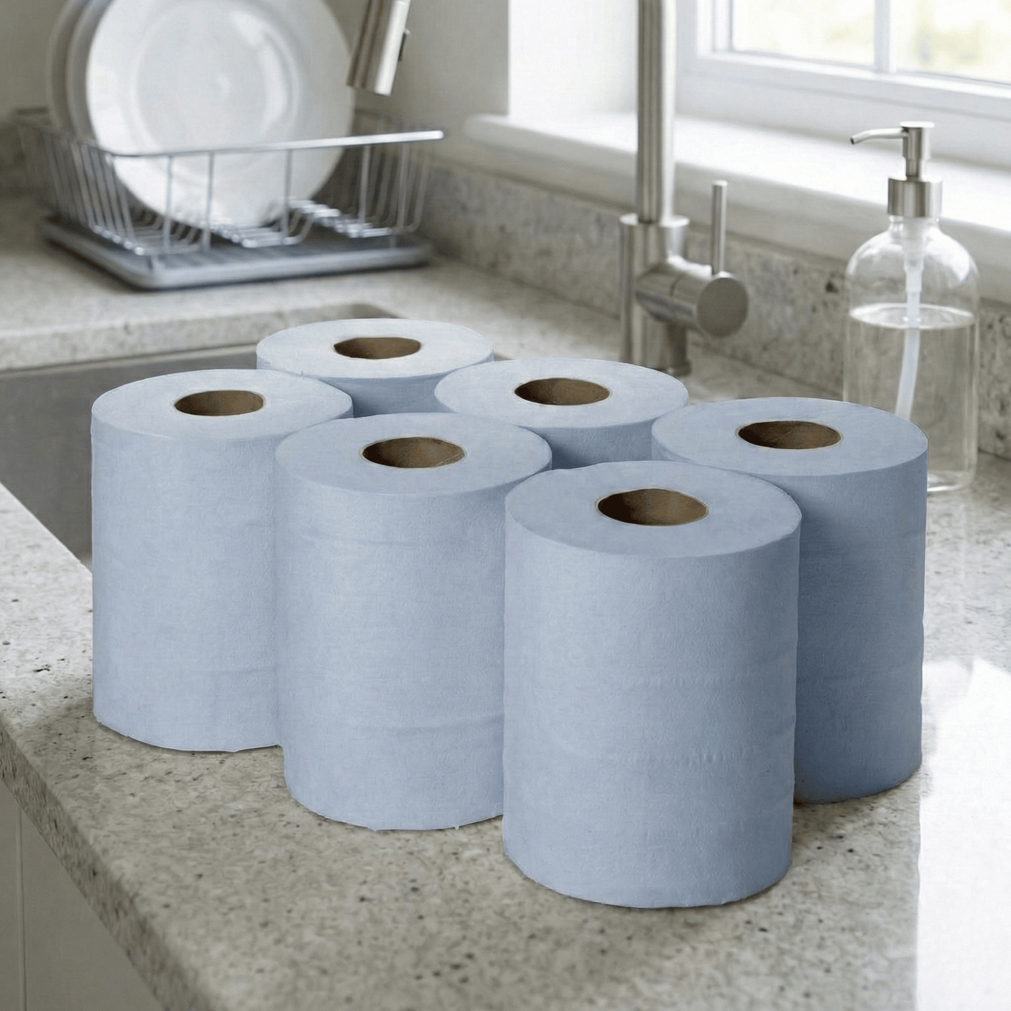 Pack of 6 Centrefeed Paper Tissue Rolls 2-Ply, Embossed Hand Towel Rolls for Home, Office, Warehouse, Bathroom & Kitchen