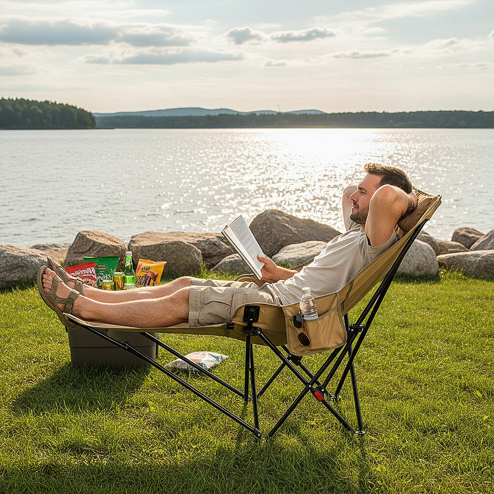 Portable High-Back Moon Chair (Three-Position Adjustment) Seat or Recline, Side Storage Pocket,Foldable Outdoor Chair Camping Picnic Lounger, Midday Rest Fishing Chair, Garden Seat Three Colours Available (Complimentary Storage Bag)
