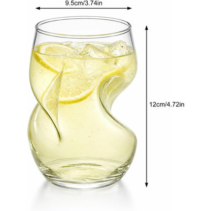 6pcs Wave Shape Drinking Glasses, 400ml Curved Creative Glassware for Cocktails, Juice, Soda, Beer, Whisky & Tea