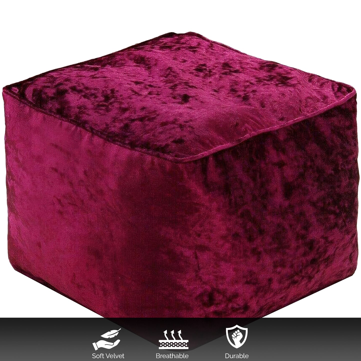 Fully Filled Velvet Bean Bag Footstool – Cube Pouffe Seat, 40×40×30cm, Soft Crush Velvet, Square Shape, Ideal as Foot Rest or Extra Seating