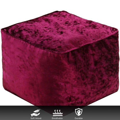 Fully Filled Velvet Bean Bag Footstool – Cube Pouffe Seat, 40×40×30cm, Soft Crush Velvet, Square Shape, Ideal as Foot Rest or Extra Seating