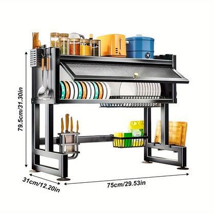 1Set Over The Sink Dish Drying Rack, Multi-Functional Kitchen Countertop Organizer, Kitchen Sink Shelf Dish Rack with Cover, Space-Saving for Dishes And Utensils, Kitchen Organization