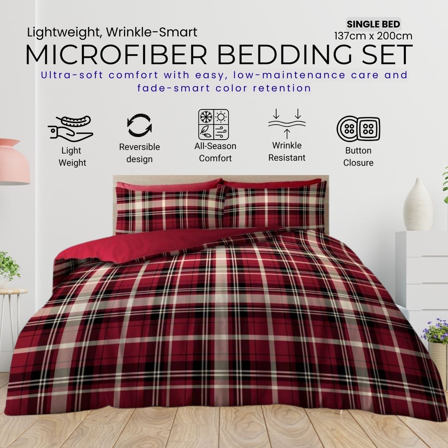 GC GAVENO CAVAILIA Tartan Check Duvet Cover with Pillowcases | Lightweight, Ultra-Soft & Wrinkle-Resistant Modern Bedding Set | Available in Single, Double & King Sizes | Machine Washable | Local Warehouse | UK Brand
