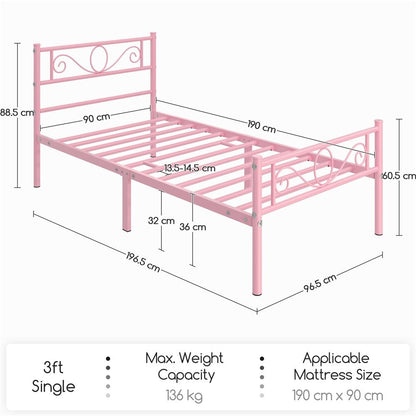 Costoffs Metal Platform Bed, Metal Bed Base, Metal Bed Frame with Scroll Design Headboard and Footboard, Mattress Foundation, Easy Assembly Bed, Bedroom Furniture, Metal-Framed Bed Base with Storage, Black/White/Pink