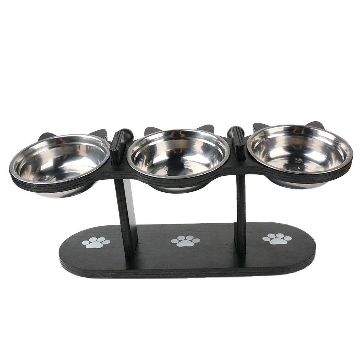 Pet Food Feeding Stand Station Stainless Cat Dog 3* Raised Bowls Wooden Holder