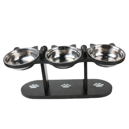 Pet Food Feeding Stand Station Stainless Cat Dog 3* Raised Bowls Wooden Holder