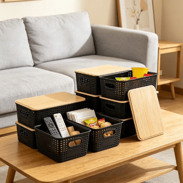 6-Pack Black Stackable Storage Bins with Bamboo Lids – Modern Lidded Plastic Boxes for Kitchen, Bathroom, Office, or Wardrobe Organization
