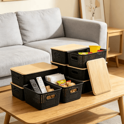 6-Pack Black Stackable Storage Bins with Bamboo Lids – Modern Lidded Plastic Boxes for Kitchen, Bathroom, Office, or Wardrobe Organization