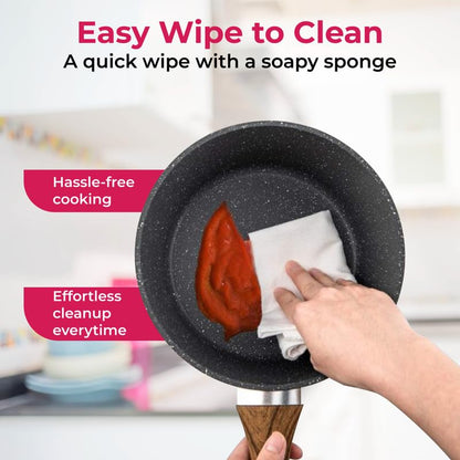 STL Frying Pan Non-Stick, Durable, Wooden Handle, Anti-Scratch Granite Coating, Compatible with Induction, Electric & Gas Hobs, Ergonomic Soft Grip
