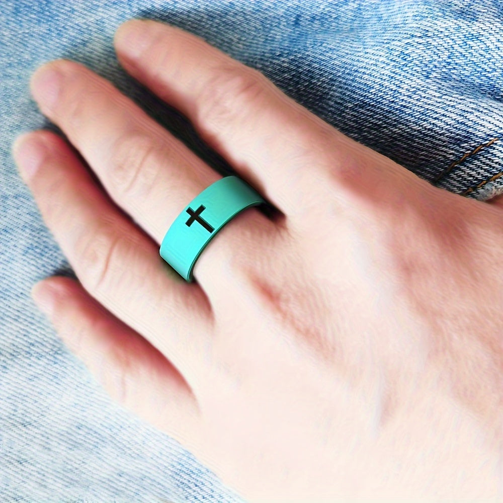 Cross Silicone Carved Ring, Fashion Easy Daily Engagement Proposal Wedding Outdoor Sports Ring Men Women Marriage Anniversary Valentine'S Day Father'S Day Mother'S Day Party Halloween Gift Jewelry Ring Cross Breathable Comfortable Ring 8Mm Bla
