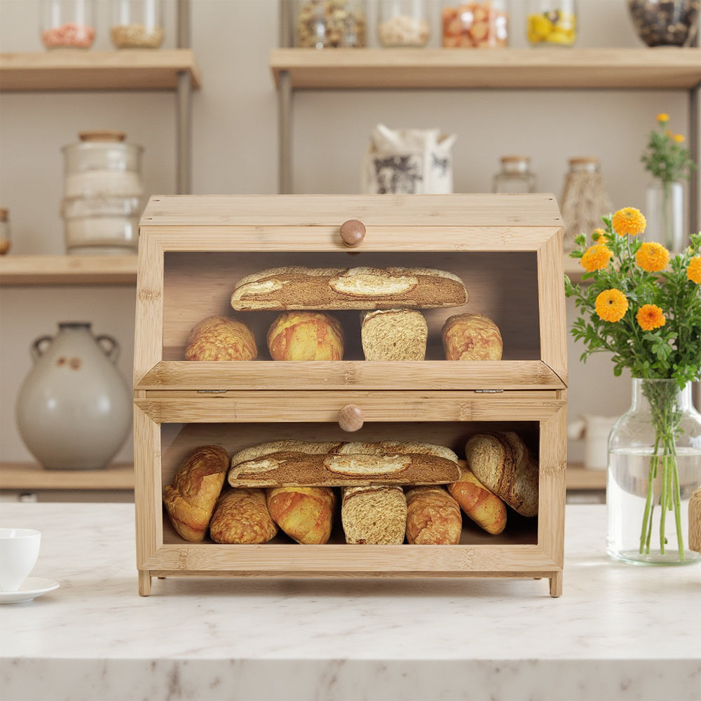 Bamboo Bread Bin with Transparent Window, 2-Layer, Bread Box Large Capacity Bread Storage for Kitchen, Kitchen Countertop Bread Box for Bread, Sushi, Pastries, Biscuits, Breakfast, Natural/ Black, 15.55*9.84*12.60 Inch