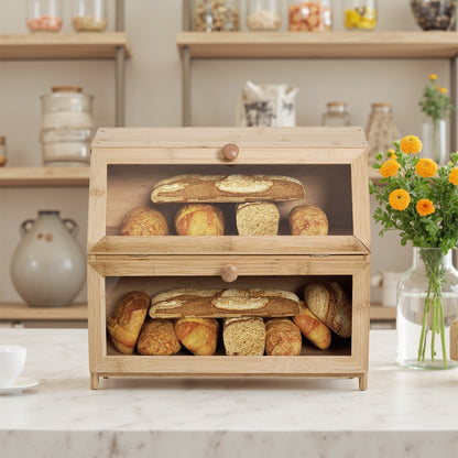 Bamboo Bread Bin with Transparent Window, 2-Layer, Bread Box Large Capacity Bread Storage for Kitchen, Kitchen Countertop Bread Box for Bread, Sushi, Pastries, Biscuits, Breakfast, Natural/ Black, 15.55*9.84*12.60 Inch