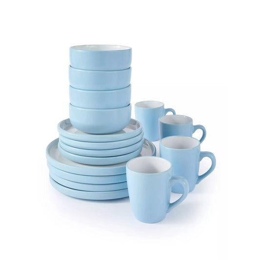 *** NEW *** Waterside 16pcs Pastel 2tone Blue Stoneware Dinner Set; 4 Dinner Plates, side Plates, Deep Bowls and Mugs