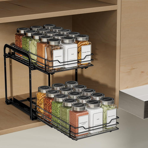 2 Tier Spice Rack, Pull Out Spice Organiser for Inside Cupboard, Cabinet or Countertop - Adjustable Cabinet Shelf with Smooth Slide Rails for Kitchen, Pantry