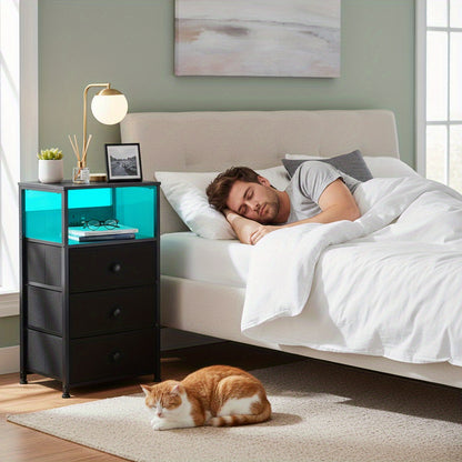 RELIABLE 2pcs Bedside Table with Charging Station, Side Table with LED Light, Small Nightstand with 3 Fabric Drawers And Open Storage Shelf, Bedside Cabinet for Bedroom, Living Room