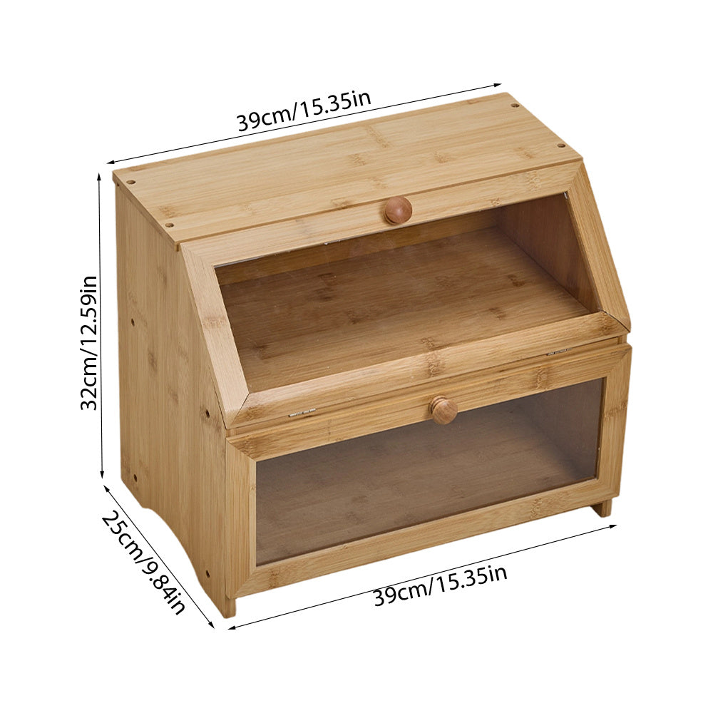 Bamboo Bread Bin with Transparent Window, 2-Layer, Bread Box Large Capacity Bread Storage for Kitchen, Kitchen Countertop Bread Box for Bread, Sushi, Pastries, Biscuits, Breakfast, Natural/ Black, 15.55*9.84*12.60 Inch
