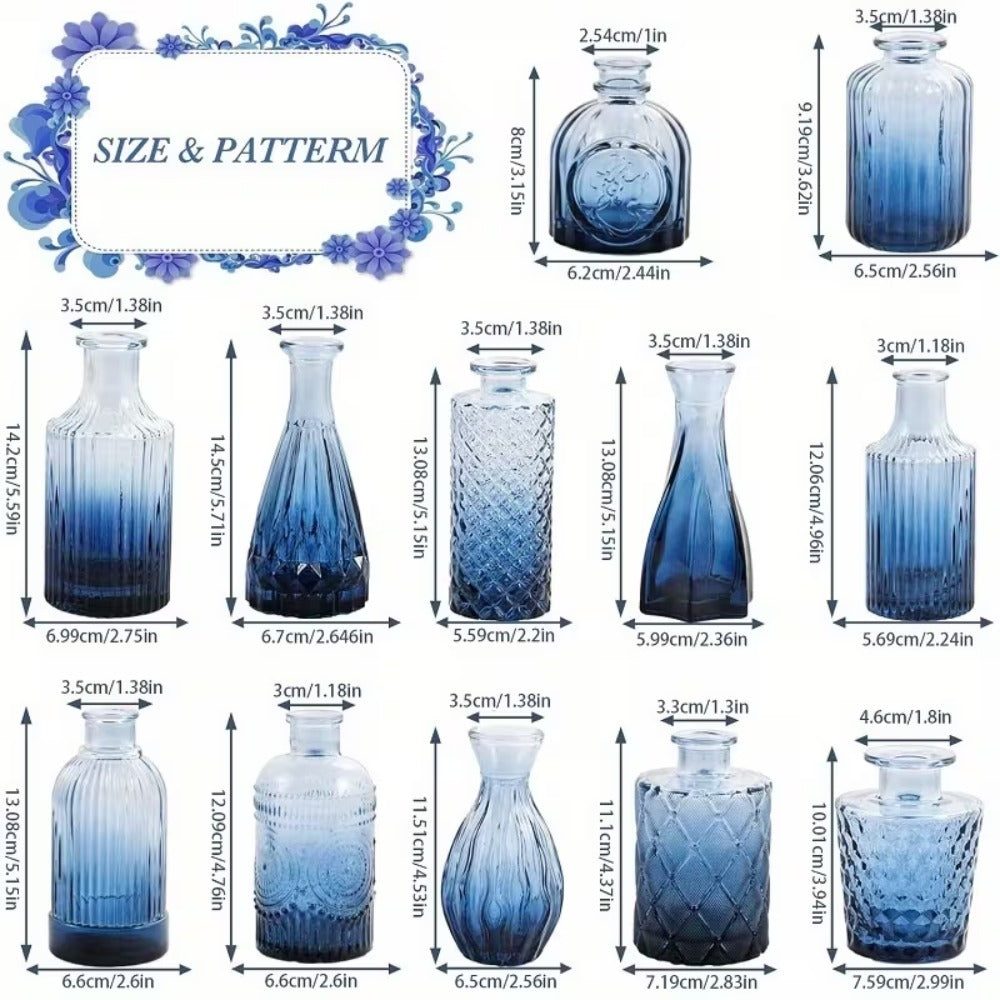 12pcs Blue/Green Glass Bud Vase Set, Mini Retro Small Vase, Ideal Rural Centerpiece for Wedding Decoration, Family Dining Table Decoration And Floral Arrangement