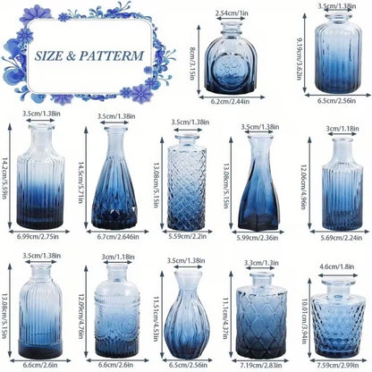 12pcs Blue/Green Glass Bud Vase Set, Mini Retro Small Vase, Ideal Rural Centerpiece for Wedding Decoration, Family Dining Table Decoration And Floral Arrangement