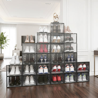 Pack of 12 Stackable Shoe Organizers Shoe Storage Boxes with Dustproof Doors, Large Shoe Boxes Transparent Foldable Shoe Storage Cabinet, Portable Space-saving Shoe Box, Under Bed Shoe Containers, Versatile Footwear Containers Holder for Entryway, Closet,