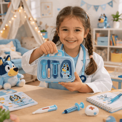 5 Pcs Bluey Medical Case for Kids – Doctor Toy Set with Stethoscope, Thermometer, Syringe & More | Pretend Role Play Kit | Portable Light Blue Carry Case | Ages 3+