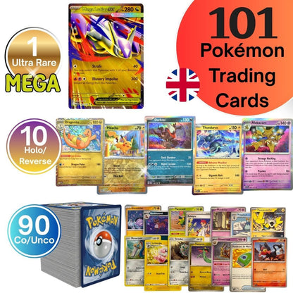 Mega Pack Pokémon : 101 Trading Cards Game Pokemon - 1 Mega EX 100% Guaranteed Included - ENGLISH VERSION - Mega Rare Pack / Great Value
