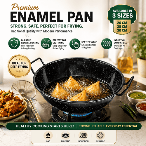 STL Enamel Wok Pan Kadhai with Raised Handles, Induction Safe, Flat Base for Even Heat Distribution, Heavy Duty Karahi for Shallow & Deep Frying, Black White Dots Design