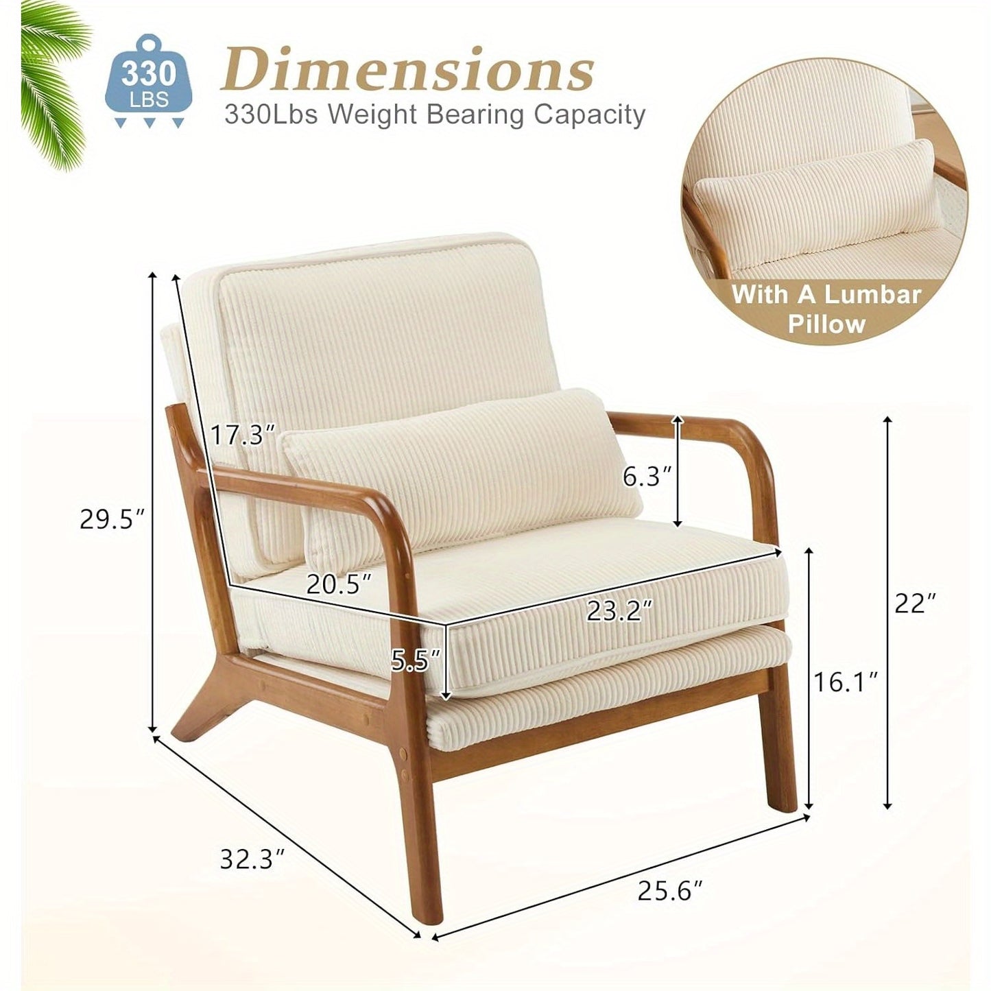 Mid-Century Modern Cloud Accent Armchair with Lumbar Pillow, 16Cm Thick Seat Cushion Cozy Lounge Chair, Wooden Armrests for Bedroom, Living Room, Reading Room
