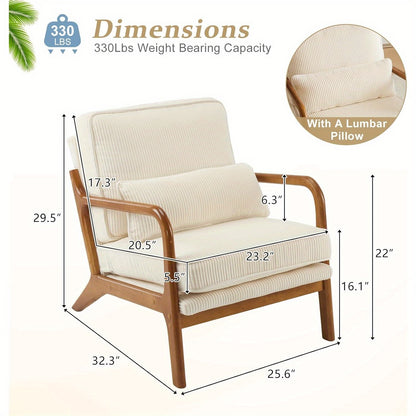 Mid-Century Modern Cloud Accent Armchair with Lumbar Pillow, 16Cm Thick Seat Cushion Cozy Lounge Chair, Wooden Armrests for Bedroom, Living Room, Reading Room