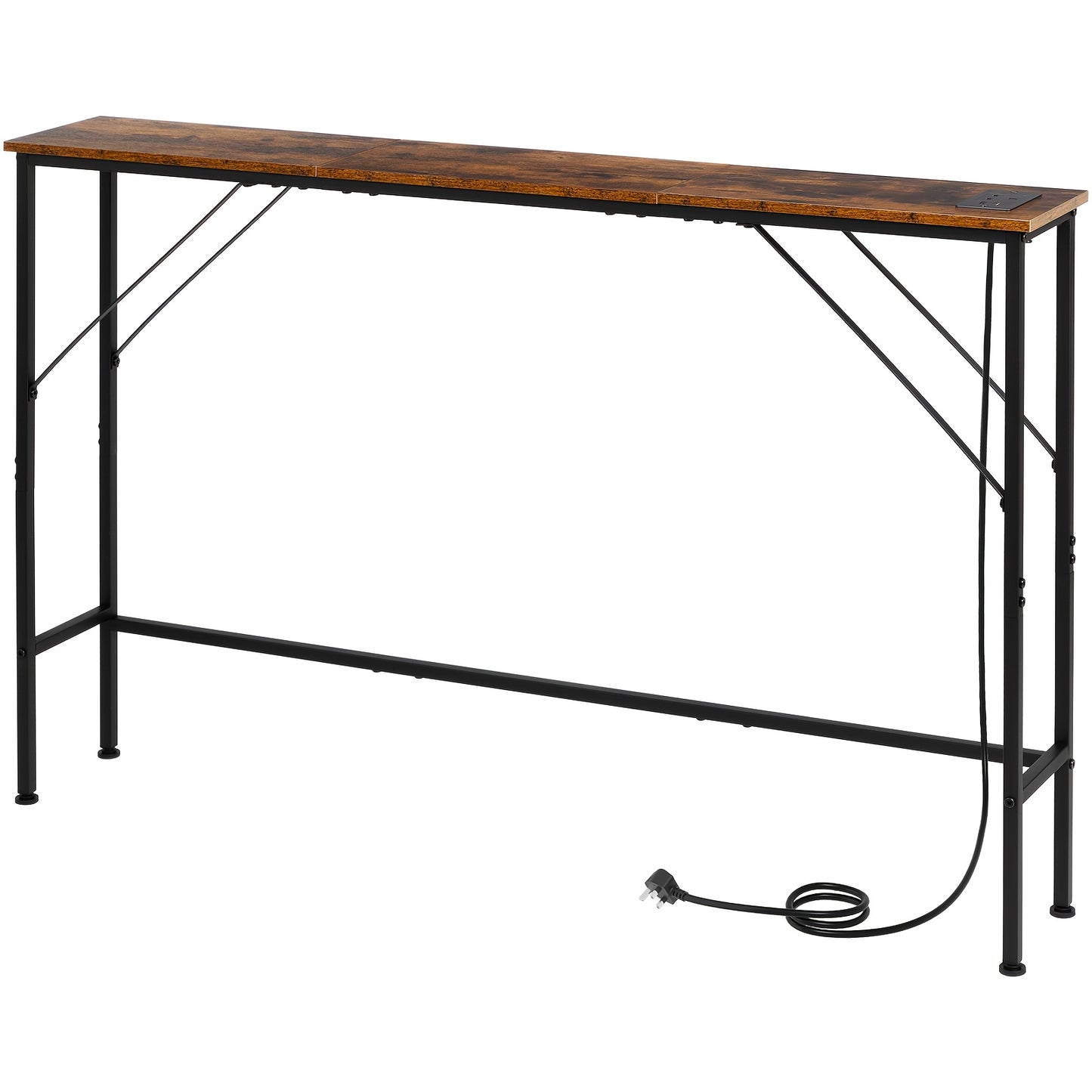 AMHANCIBLE Console Table with Charging Station, Narrow Sofa Table, 1 AC Socket & USB Ports, Entrance Table, Narrow Side Table for Living Room, Metal Frame, Brown