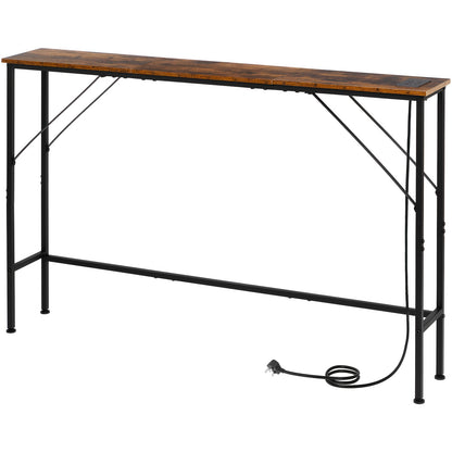 AMHANCIBLE Console Table with Charging Station, Narrow Sofa Table, 1 AC Socket & USB Ports, Entrance Table, Narrow Side Table for Living Room, Metal Frame, Brown