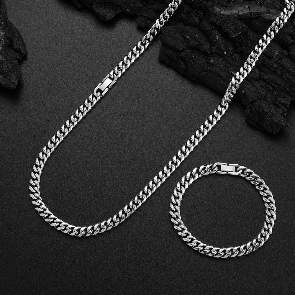 2pcs/ set 8mm 316L Stainless Steel Encrypted Cuban Chain Necklace Bracelet Fashion Jewelry Set for Men Handsome Hip Hop Rock Style Party Gift Accessories