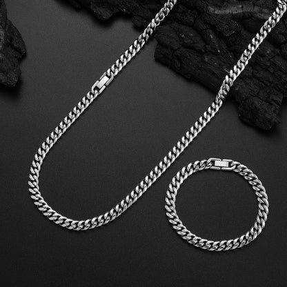 2pcs/ set 8mm 316L Stainless Steel Encrypted Cuban Chain Necklace Bracelet Fashion Jewelry Set for Men Handsome Hip Hop Rock Style Party Gift Accessories