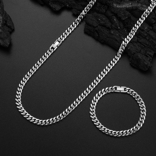 2pcs/ set 8mm 316L Stainless Steel Encrypted Cuban Chain Necklace Bracelet Fashion Jewelry Set for Men Handsome Hip Hop Rock Style Party Gift Accessories