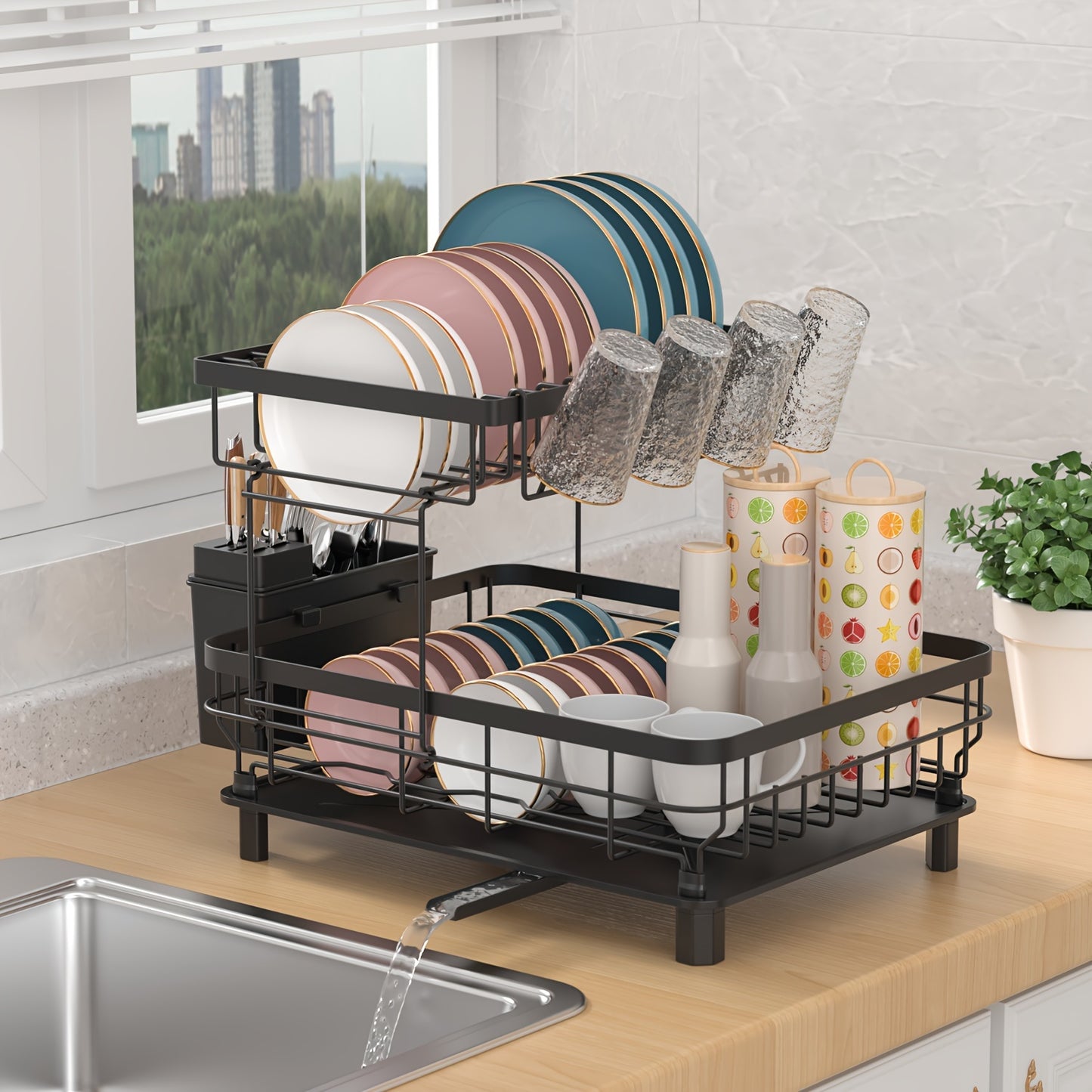Dish Drainers, Large Dish Drying Rack, Double Layer Dish Rack For Kitchen Counter With Drainage Plate, Dish Rack With Tableware Rack And Cup Holder
