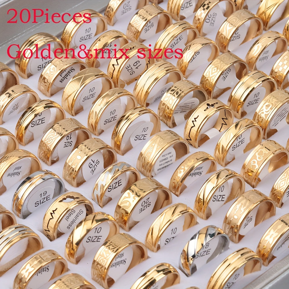 Over 20 Styles of Waterproof Stainless Steel Rings with Real Golden Plating And Intricate Hollowed-Out Striped Engravings