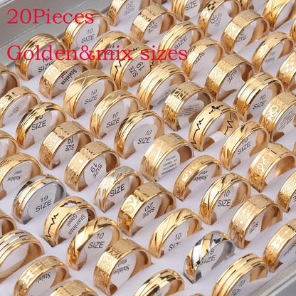 Over 20 Styles of Waterproof Stainless Steel Rings with Real Golden Plating And Intricate Hollowed-Out Striped Engravings