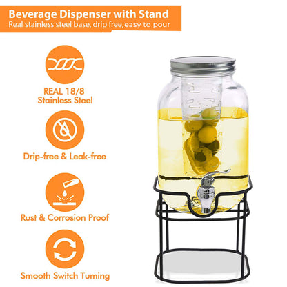 4L Glass Water Dispenser with Tap – Wide Mouth Drink Dispenser with Metal Wire Handle and Stand - Leak Proof Glass Juice Dispenser with Tap for Beverage, Cocktail and Drinks