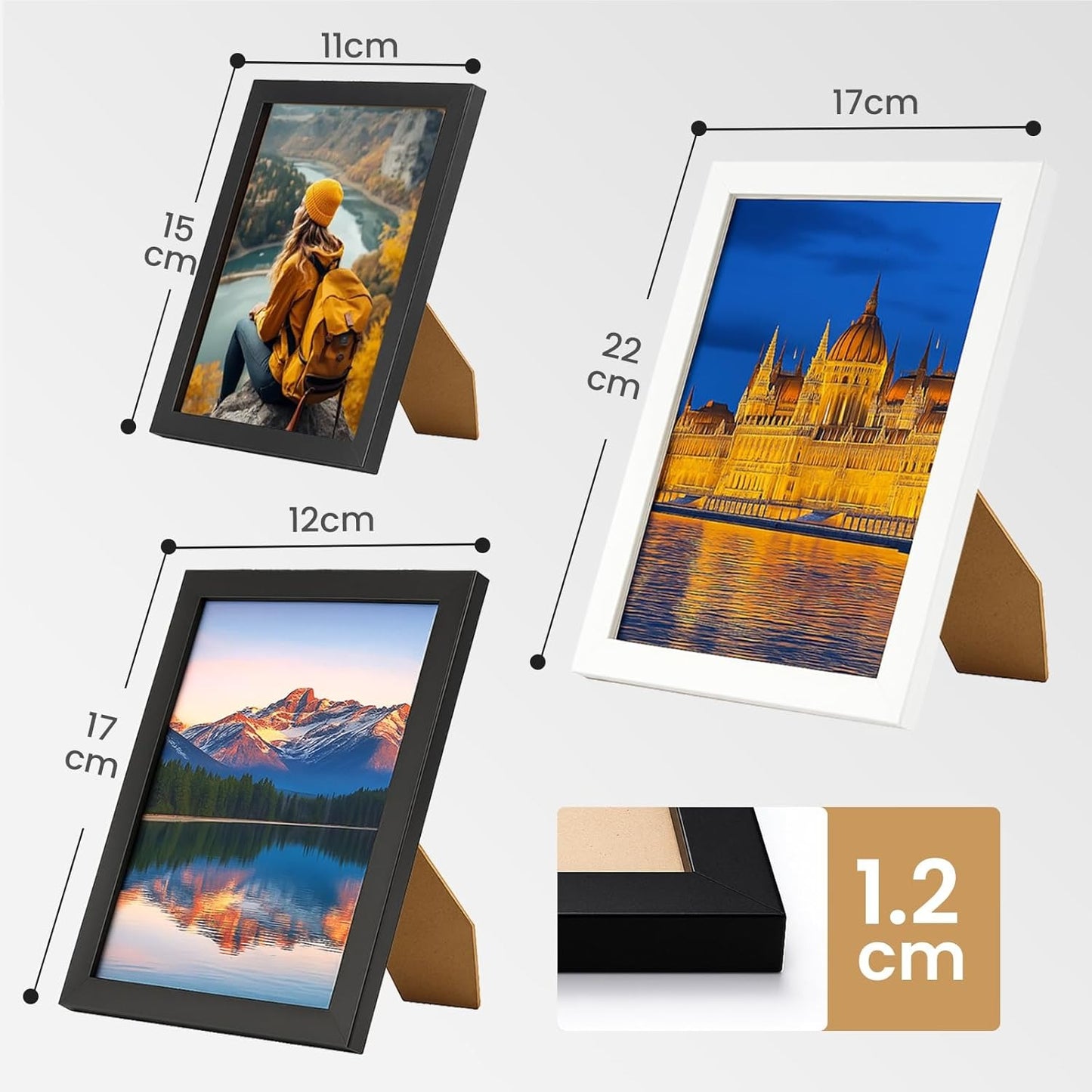 19 Pcs Wooden Photo Frame Set, Multi Size Picture Frames with Stand & Wall Hooks, Tabletop or Wall Mounted Display