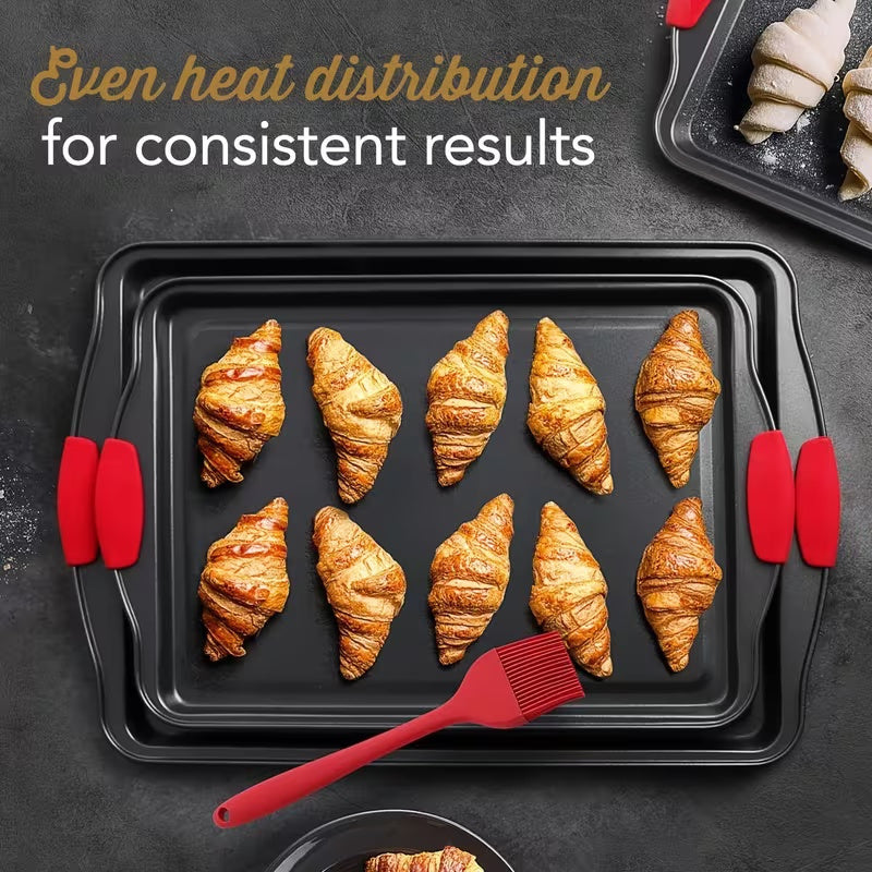 3pcs Heavy-Duty Carbon Steel Non Stick Baking Tray Set - Commercial Grade Oven Biscuit Baking Tray with Red Silicone Texture Anti Slip Layer, No Sharp Edges, Suitable for Home And Professional Kitchens, Ovens, Grills, Compatible with Various Baking Scenar