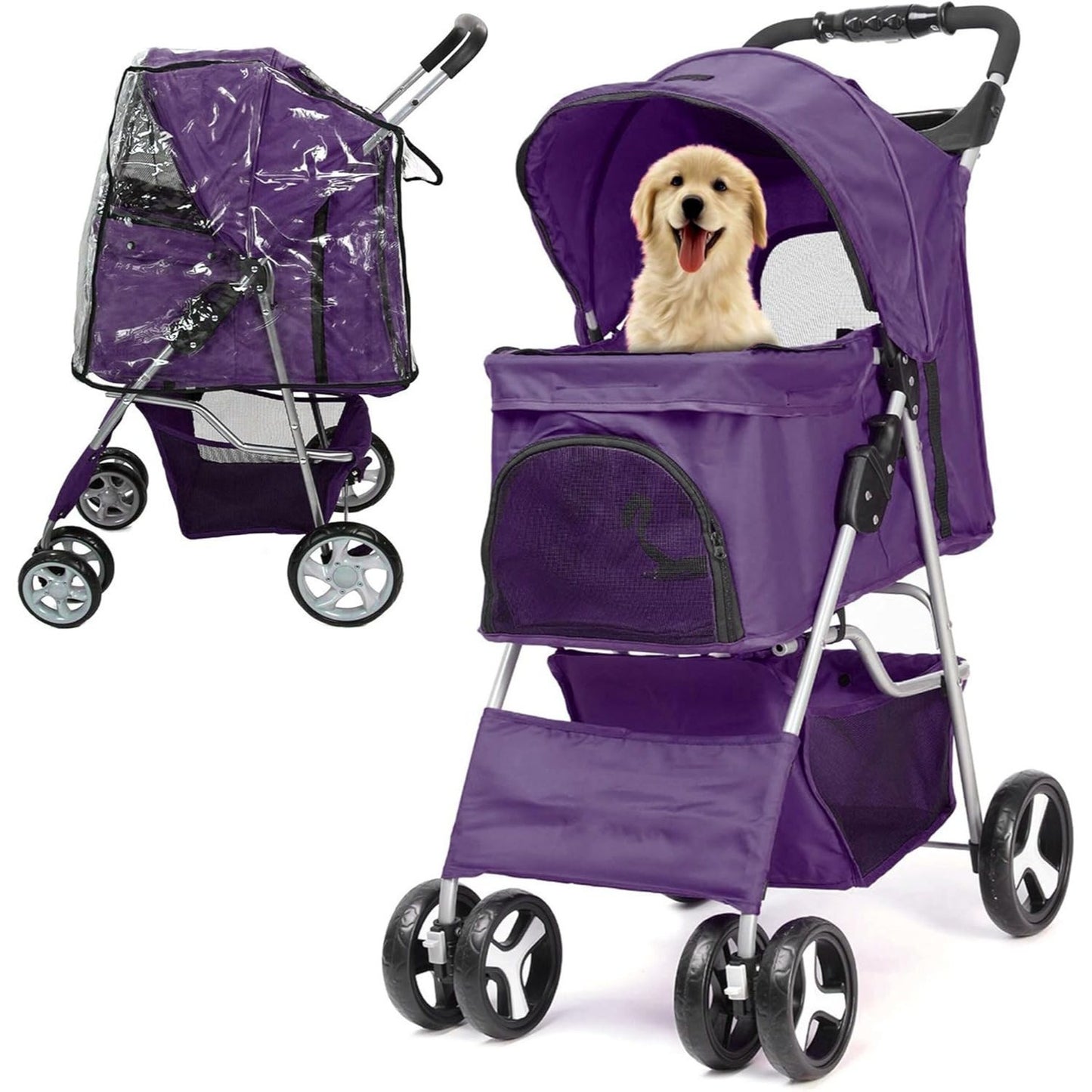 Foldable Pet Stroller With Rain Cover, Portable Foldable Outdoor Walking Cart with Large Space, Hand-Pull Design, Durable Oxford Fabric, Ergonomic Handle & Ventilation Mesh, Lightweight & Sturdy Frame For Small To Medium Dogs - Outdoor Pet Carrier, Modern