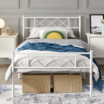Costoffs Metal Bed Frame Metal-Framed Bed Base with Storage, Bed Foundation for Small Space, Easy Assembly Bed Foundation with Cross-design Headboard and Footboard for Bedrooms, Single/Double/king, Black/White/Pink