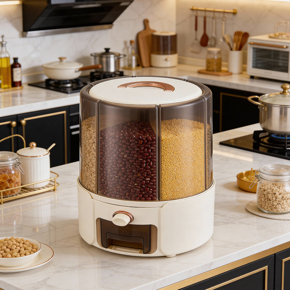 Transparent Grain Storage Containers, 6 Grid 360 ° Rotating Kitchen Rice Bucket, Rotating Dry Food Dispenser, Rotating Food Storage Dispenser, Space Saving, Cream Yellow