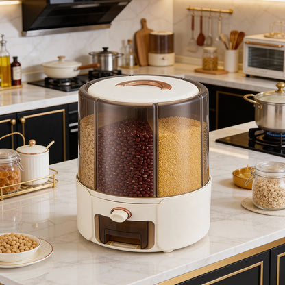 Transparent Grain Storage Containers, 6 Grid 360 ° Rotating Kitchen Rice Bucket, Rotating Dry Food Dispenser, Rotating Food Storage Dispenser, Space Saving, Cream Yellow