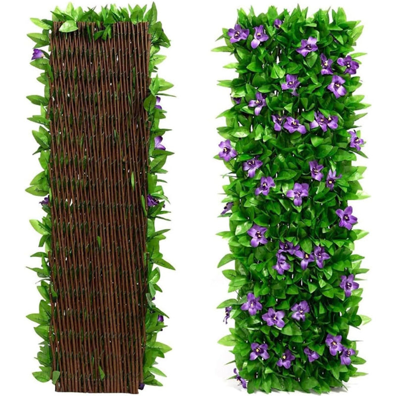 Expanding Garden Trellis Panels, 180X30Cm Expandable Garden Fence Screening with Artificial Ivy And Violet Flower, Decorative Faux Ivy Leaf Privacy Screen Greenery Backdrop for Backyard