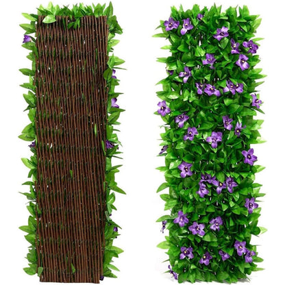 Expanding Garden Trellis Panels, 180X30Cm Expandable Garden Fence Screening with Artificial Ivy And Violet Flower, Decorative Faux Ivy Leaf Privacy Screen Greenery Backdrop for Backyard