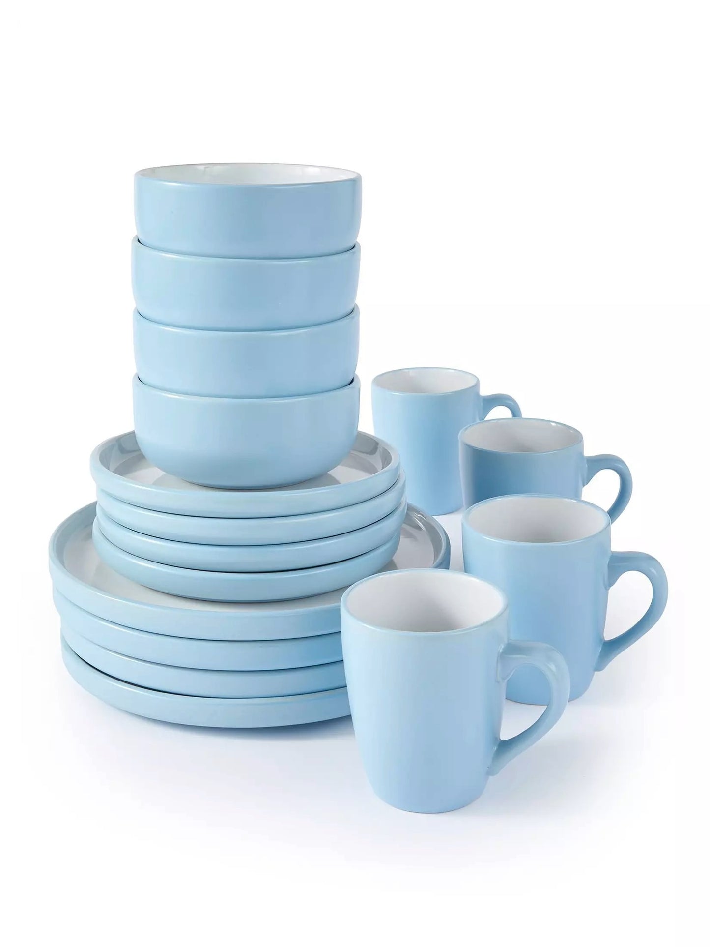 *** NEW *** Waterside 16pcs Pastel 2tone Blue Stoneware Dinner Set; 4 Dinner Plates, side Plates, Deep Bowls and Mugs