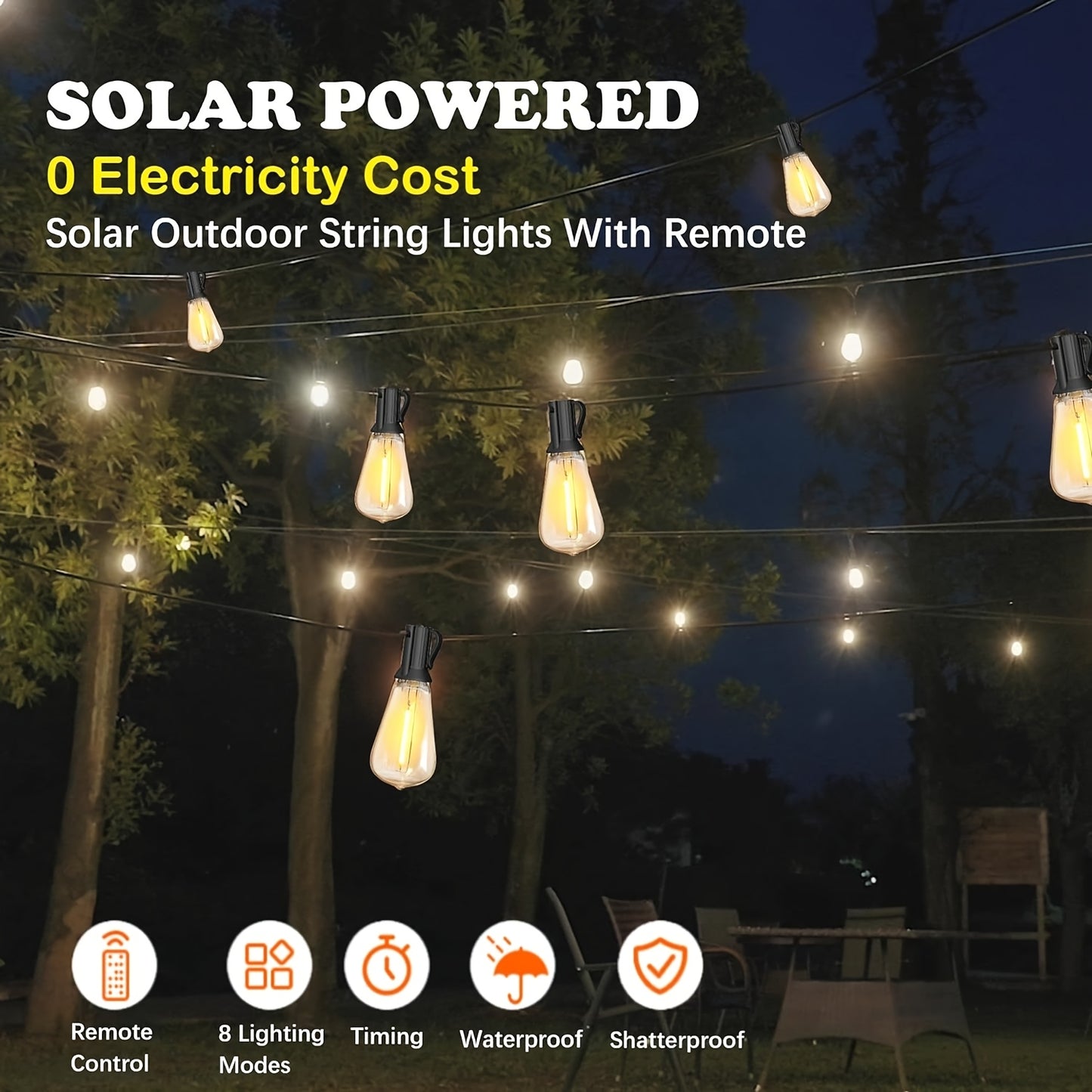 50F/30.48meter(15.24meter*2) LED Outdoor Courtyard Lights - with Remote Control, And Edison Bulb, Solar Powered, Automatic On/off, Energy-saving And Worry-free, Can Be Connected for Garden Porch Backyard Balcony Cafe Lighting